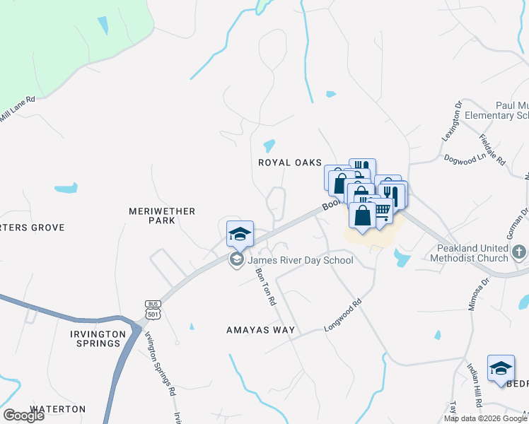 map of restaurants, bars, coffee shops, grocery stores, and more near 2134-2140 Royal Oak Circle in Lynchburg