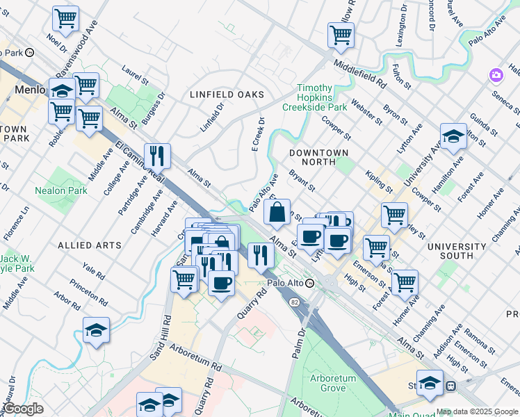 map of restaurants, bars, coffee shops, grocery stores, and more near 8 East Creek Place in Menlo Park