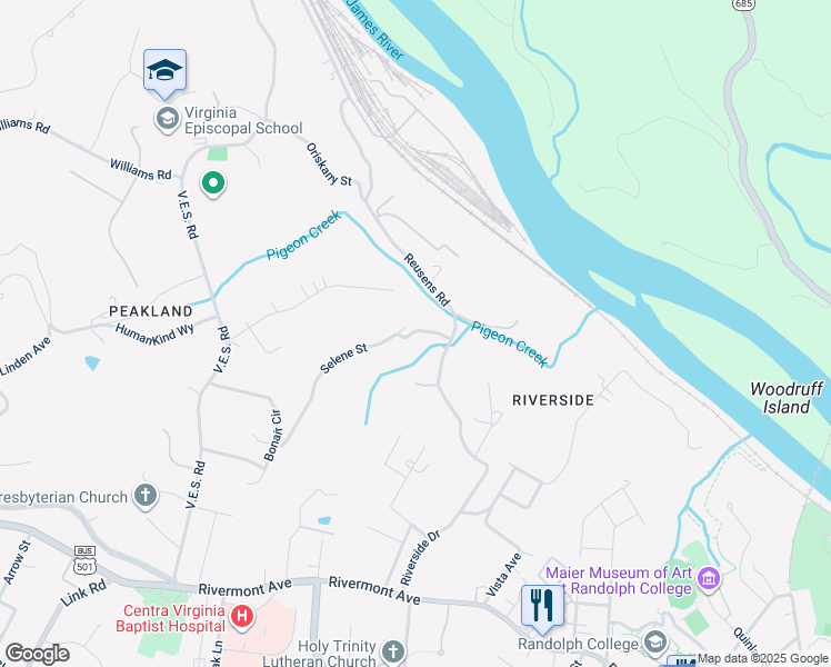 map of restaurants, bars, coffee shops, grocery stores, and more near 630 Selene Street in Lynchburg