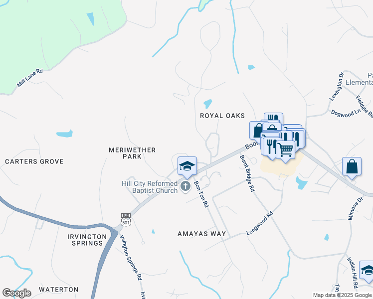 map of restaurants, bars, coffee shops, grocery stores, and more near 108 Mckenna Circle in Lynchburg