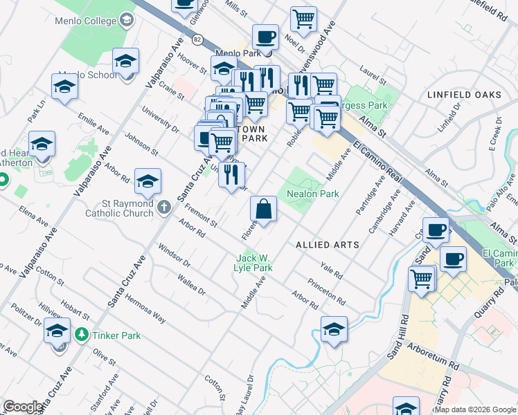 map of restaurants, bars, coffee shops, grocery stores, and more near 724 University Drive in Menlo Park