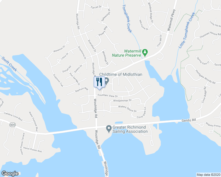 map of restaurants, bars, coffee shops, grocery stores, and more near 14508 Sailboat Circle in Midlothian