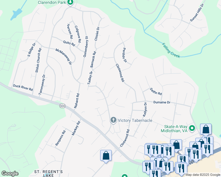 map of restaurants, bars, coffee shops, grocery stores, and more near 11830 Rimswell Place in Midlothian
