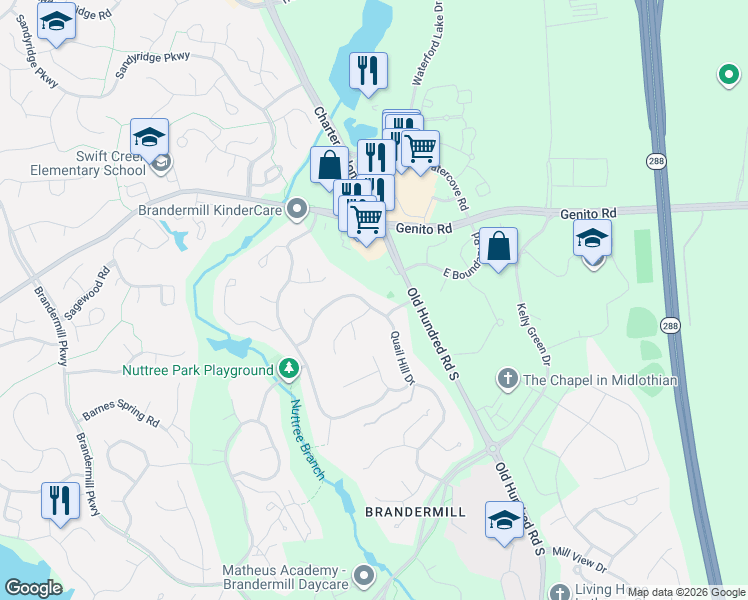 map of restaurants, bars, coffee shops, grocery stores, and more near 3131 Quail Hill Drive in Midlothian