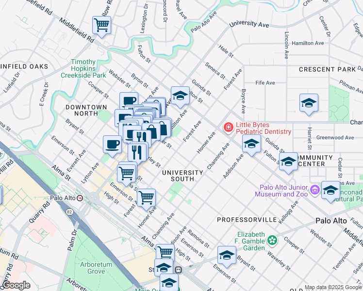 map of restaurants, bars, coffee shops, grocery stores, and more near 501 Forest Avenue in Palo Alto
