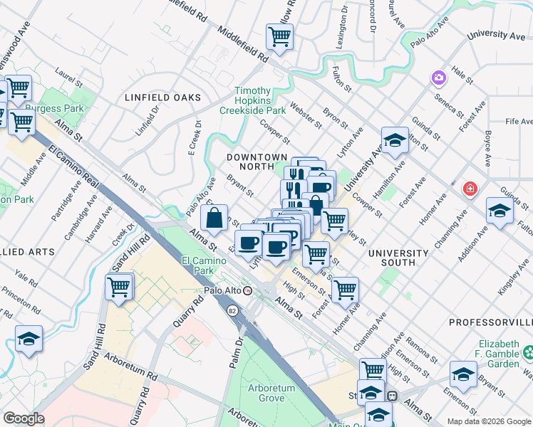 map of restaurants, bars, coffee shops, grocery stores, and more near 280 Everett Avenue in Palo Alto