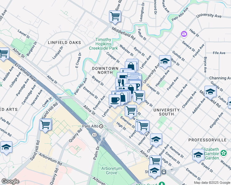 map of restaurants, bars, coffee shops, grocery stores, and more near 330 Everett Avenue in Palo Alto