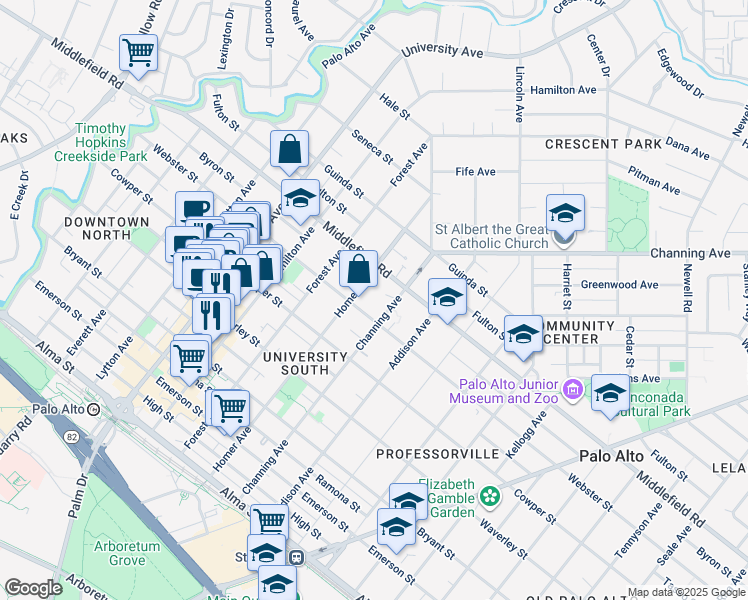 map of restaurants, bars, coffee shops, grocery stores, and more near in Palo Alto
