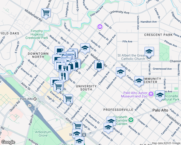 map of restaurants, bars, coffee shops, grocery stores, and more near 562 Forest Avenue in Palo Alto