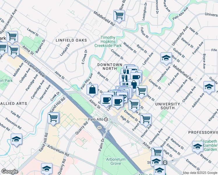 map of restaurants, bars, coffee shops, grocery stores, and more near 281 Everett Avenue in Palo Alto