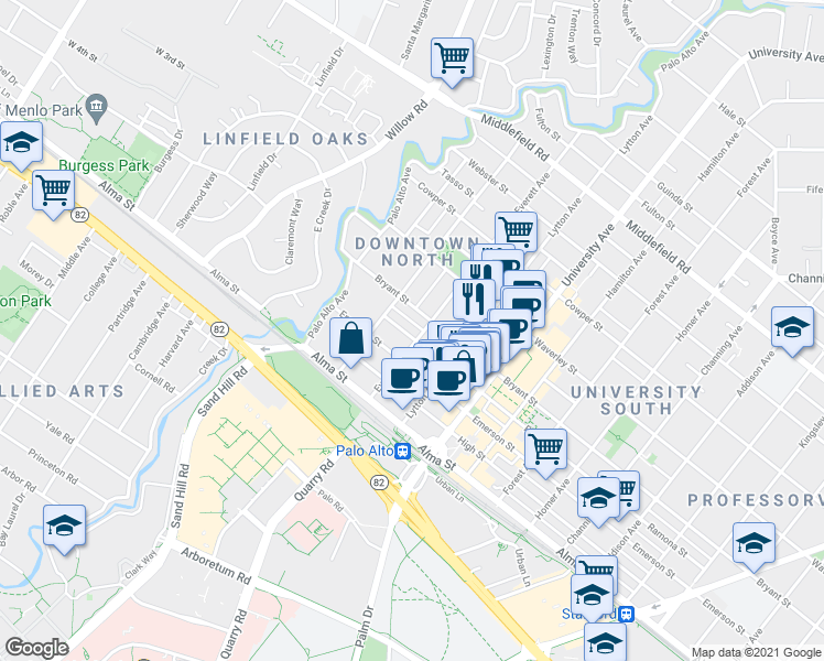 map of restaurants, bars, coffee shops, grocery stores, and more near 281 Everett Avenue in Palo Alto