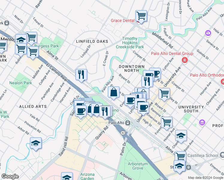 map of restaurants, bars, coffee shops, grocery stores, and more near 132 Emerson Street in Palo Alto