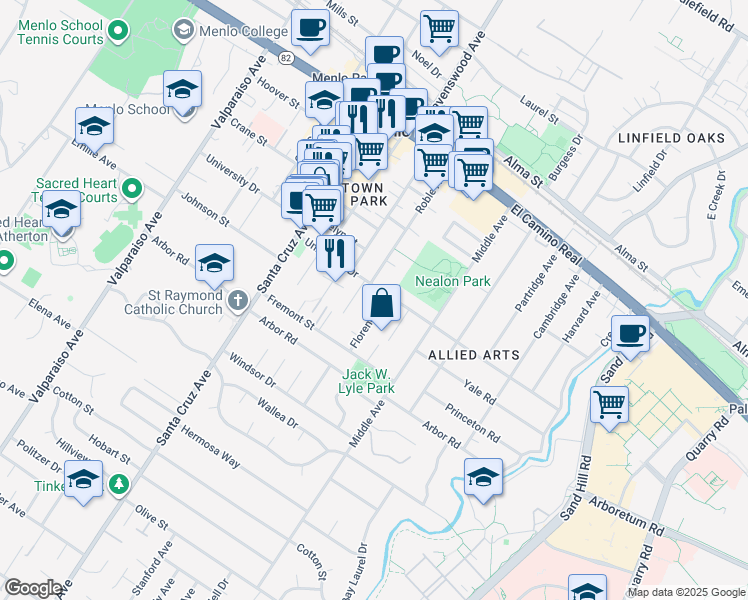 map of restaurants, bars, coffee shops, grocery stores, and more near 724 University Drive in Menlo Park
