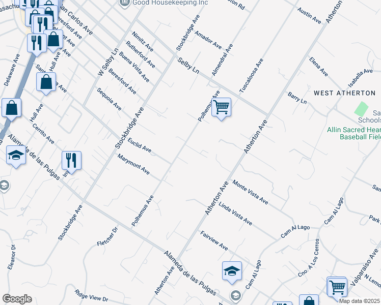 map of restaurants, bars, coffee shops, grocery stores, and more near 241 Polhemus Avenue in Atherton