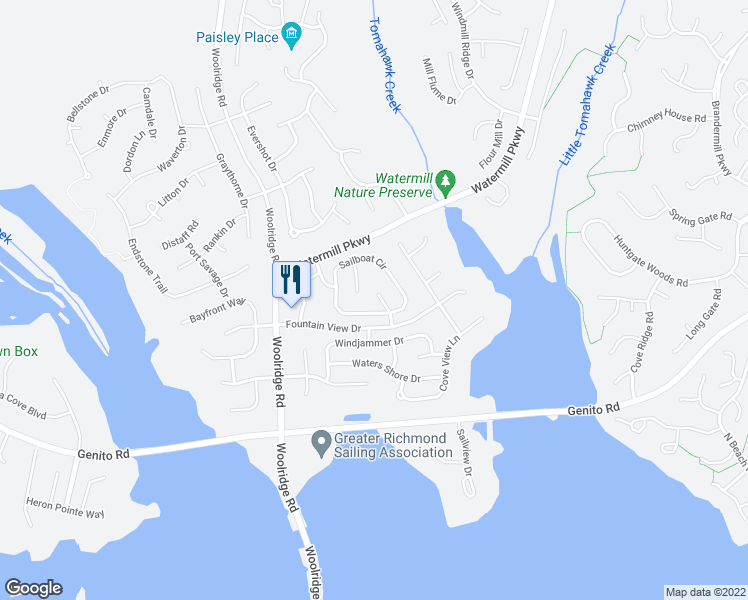 map of restaurants, bars, coffee shops, grocery stores, and more near 2612 Sailboat Court in Midlothian