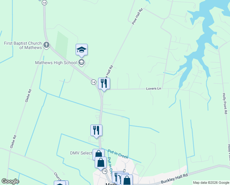 map of restaurants, bars, coffee shops, grocery stores, and more near Lovers Lane in Mathews
