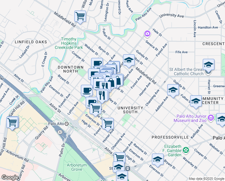 map of restaurants, bars, coffee shops, grocery stores, and more near 540 Cowper Street in Palo Alto