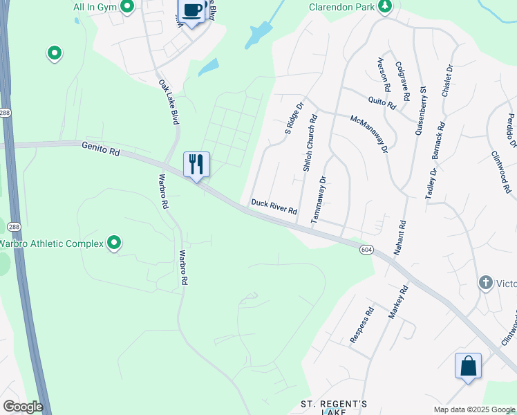 map of restaurants, bars, coffee shops, grocery stores, and more near 12403 Duck River Road in Midlothian