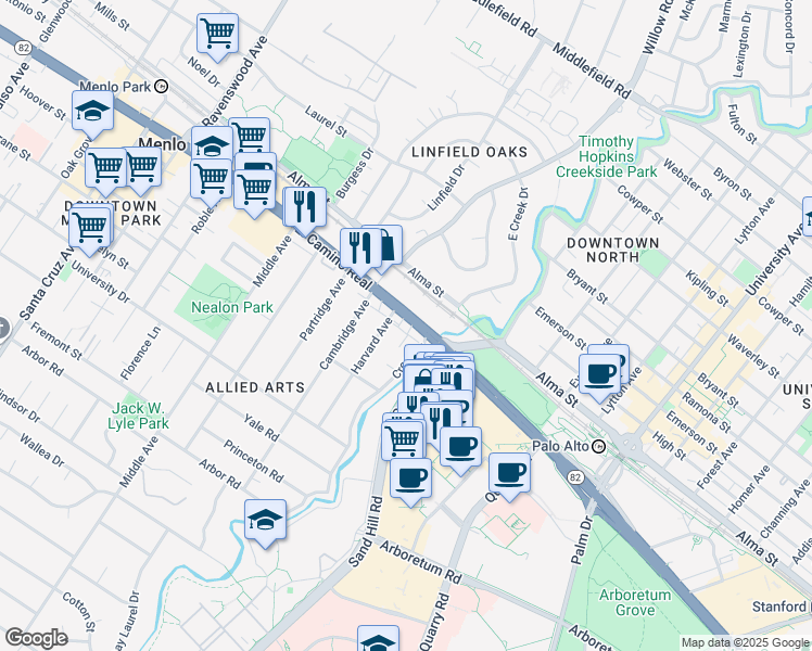 map of restaurants, bars, coffee shops, grocery stores, and more near 616 Alto Lane in Menlo Park
