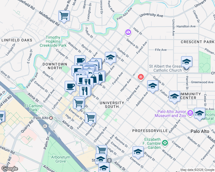 map of restaurants, bars, coffee shops, grocery stores, and more near 619 Cowper Street in Palo Alto