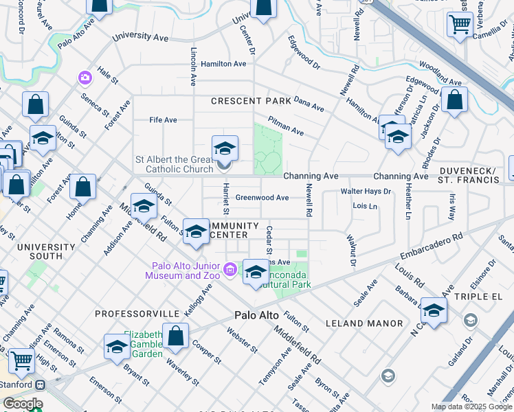map of restaurants, bars, coffee shops, grocery stores, and more near 1160 Greenwood Avenue in Palo Alto