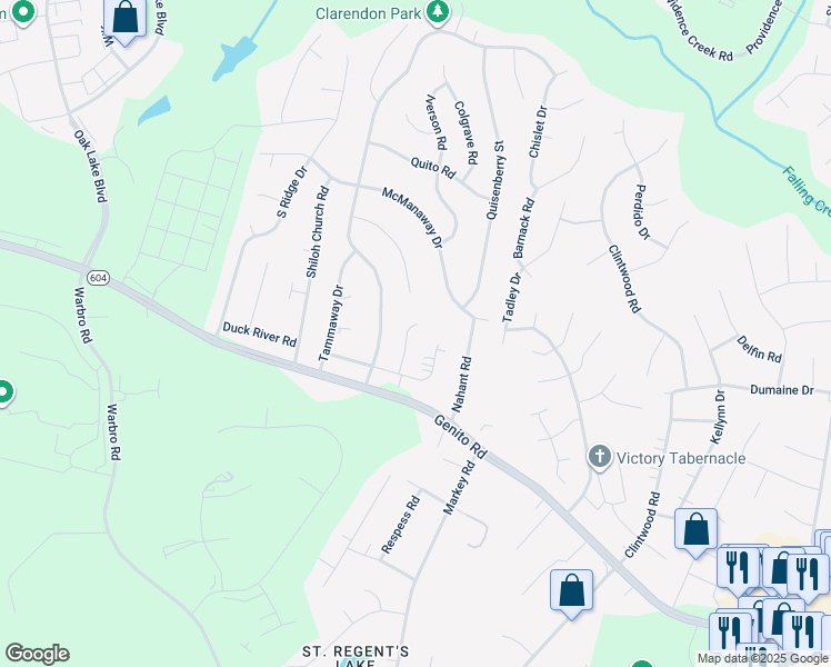 map of restaurants, bars, coffee shops, grocery stores, and more near 3205 Hollyglen Court in Midlothian