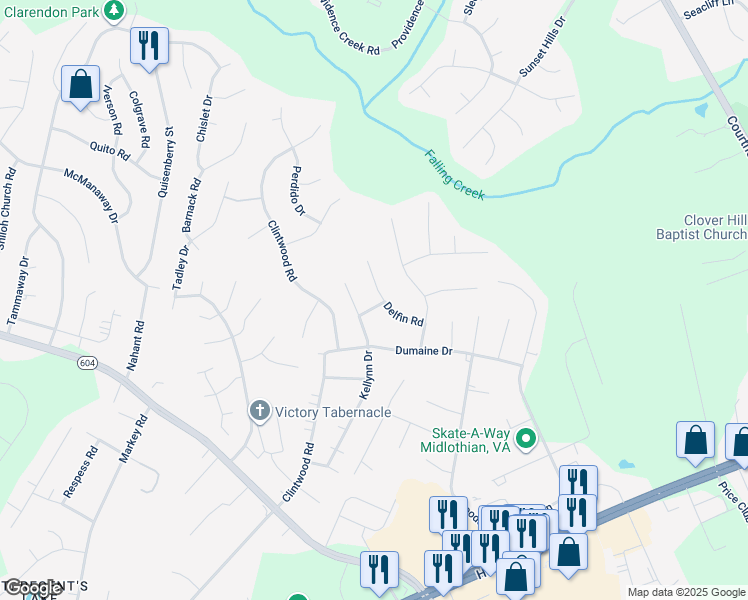 map of restaurants, bars, coffee shops, grocery stores, and more near 2850 Delfin Road in Midlothian