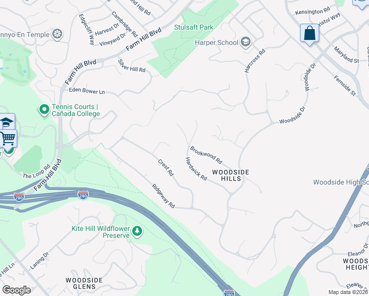 map of restaurants, bars, coffee shops, grocery stores, and more near 205 Brookwood Road in Woodside