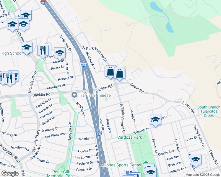 map of restaurants, bars, coffee shops, grocery stores, and more near 1227 Daniel Court in Milpitas