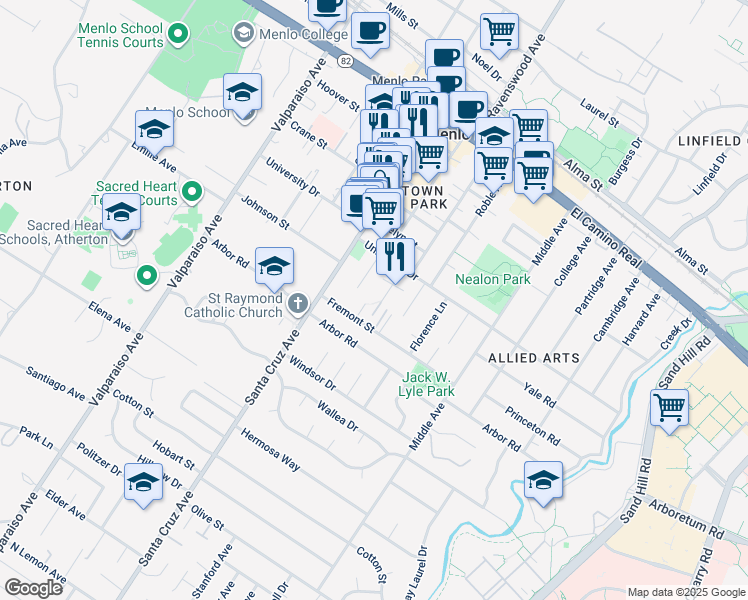 map of restaurants, bars, coffee shops, grocery stores, and more near 960 Oak Lane in Menlo Park