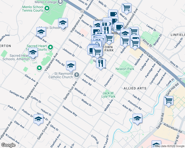 map of restaurants, bars, coffee shops, grocery stores, and more near 960 Oak Lane in Menlo Park