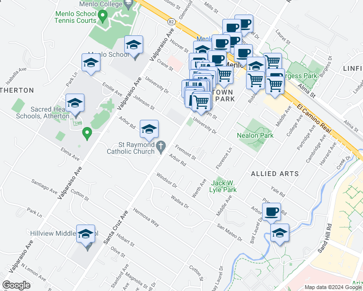 map of restaurants, bars, coffee shops, grocery stores, and more near 1070 Fremont Street in Menlo Park