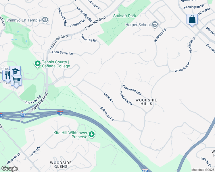 map of restaurants, bars, coffee shops, grocery stores, and more near 20 Cragmont Way in Woodside