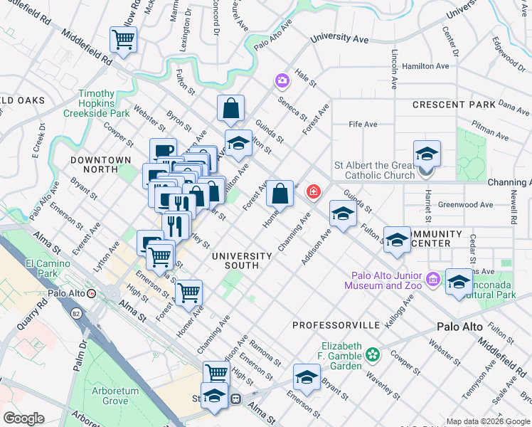 map of restaurants, bars, coffee shops, grocery stores, and more near 746 Webster Street in Palo Alto