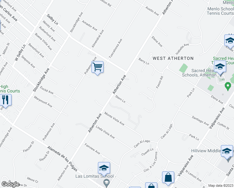 map of restaurants, bars, coffee shops, grocery stores, and more near 1 Stern Lane in Atherton