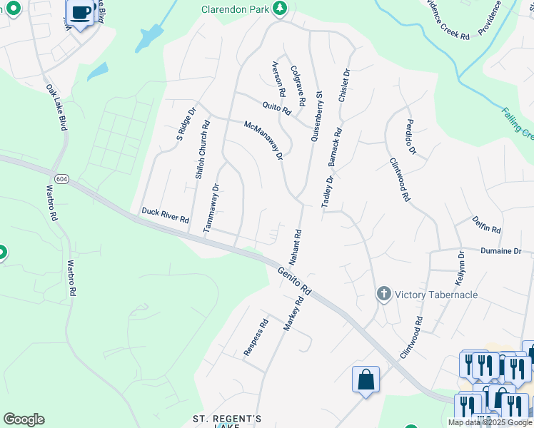 map of restaurants, bars, coffee shops, grocery stores, and more near 3205 Hollyglen Court in Midlothian