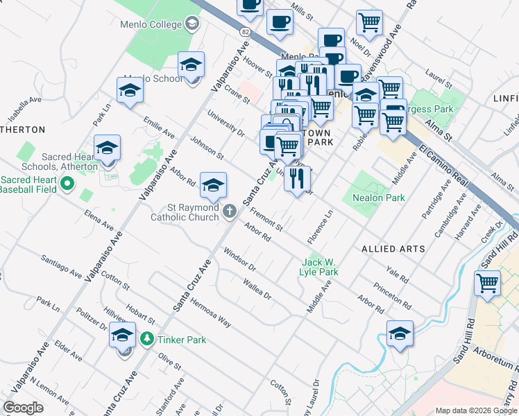 map of restaurants, bars, coffee shops, grocery stores, and more near 1070 Fremont Street in Menlo Park