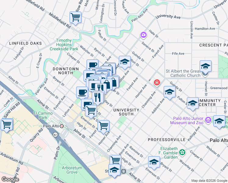 map of restaurants, bars, coffee shops, grocery stores, and more near 496 Hamilton Avenue in Palo Alto