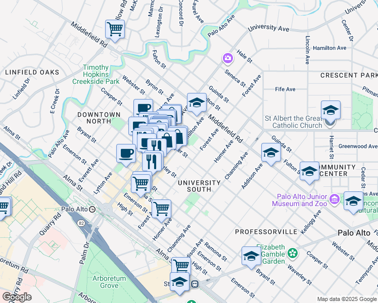 map of restaurants, bars, coffee shops, grocery stores, and more near 501 Forest Avenue in Palo Alto