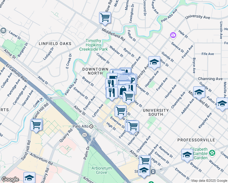 map of restaurants, bars, coffee shops, grocery stores, and more near 422 Waverley Street in Palo Alto