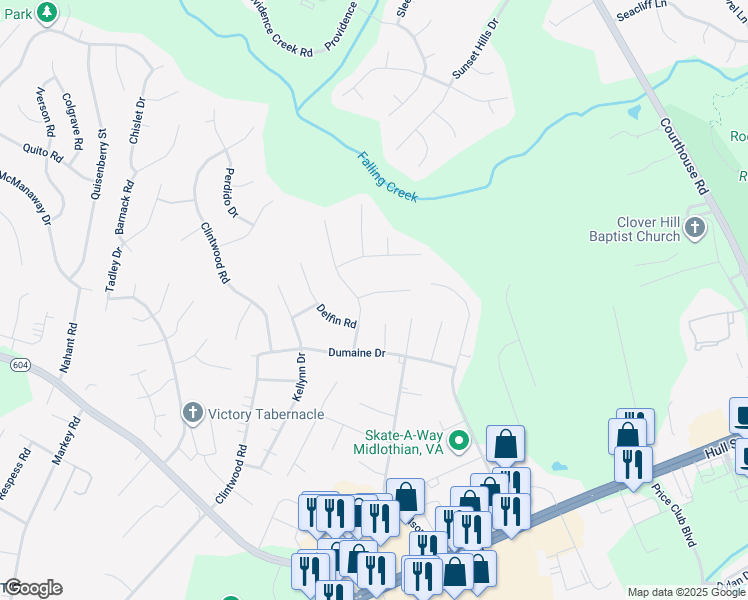 map of restaurants, bars, coffee shops, grocery stores, and more near 11249 Monday Way in Midlothian
