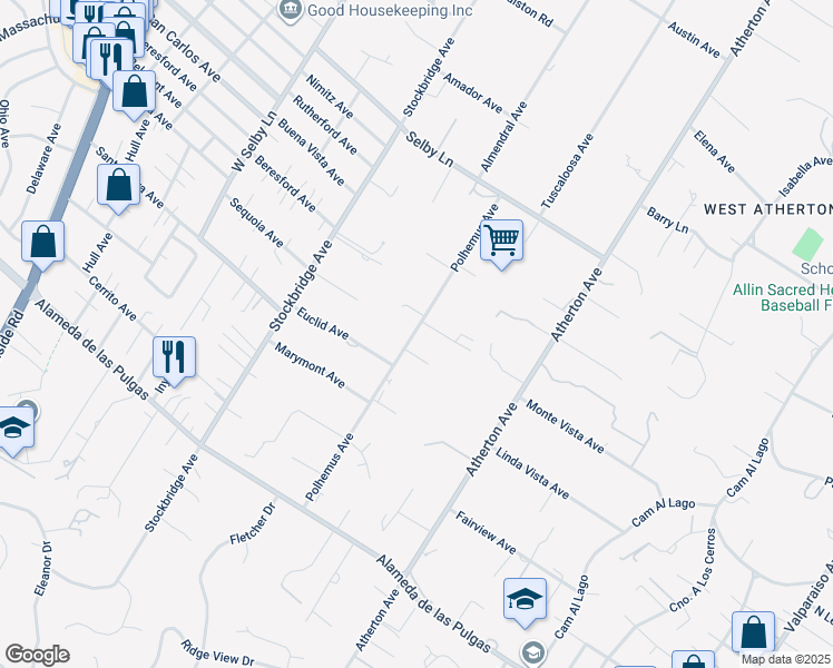 map of restaurants, bars, coffee shops, grocery stores, and more near 241 Polhemus Avenue in Atherton
