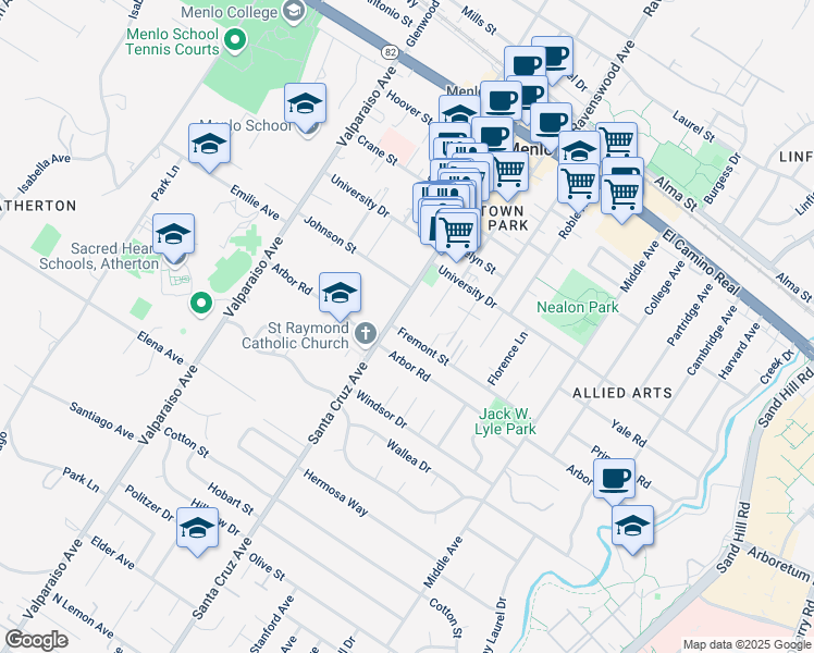map of restaurants, bars, coffee shops, grocery stores, and more near 1070 Fremont Street in Menlo Park