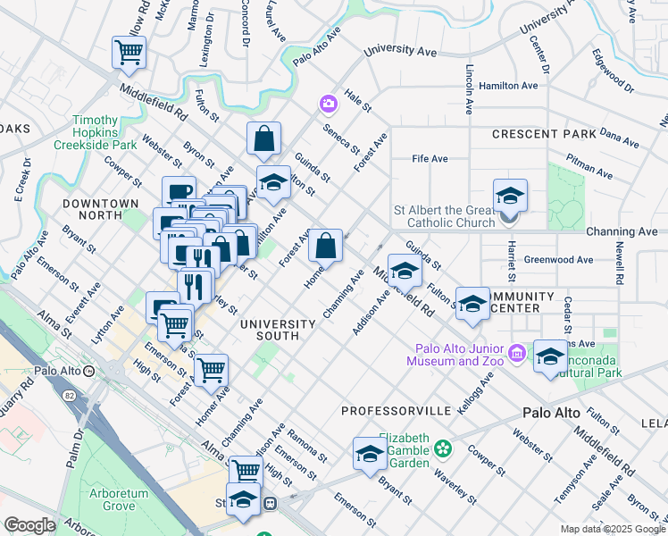 map of restaurants, bars, coffee shops, grocery stores, and more near 617 Homer Avenue in Palo Alto