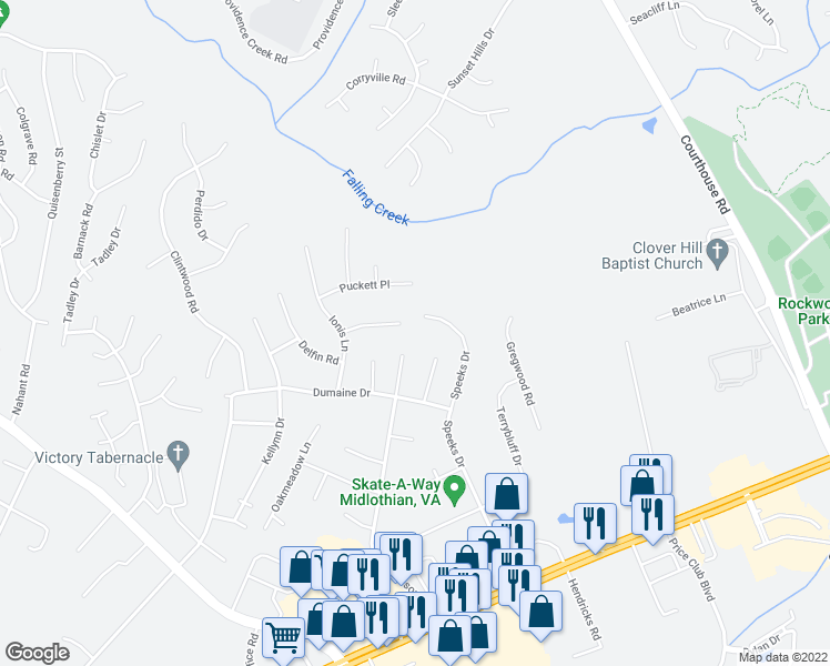 map of restaurants, bars, coffee shops, grocery stores, and more near 2906 Speeks Drive in Midlothian
