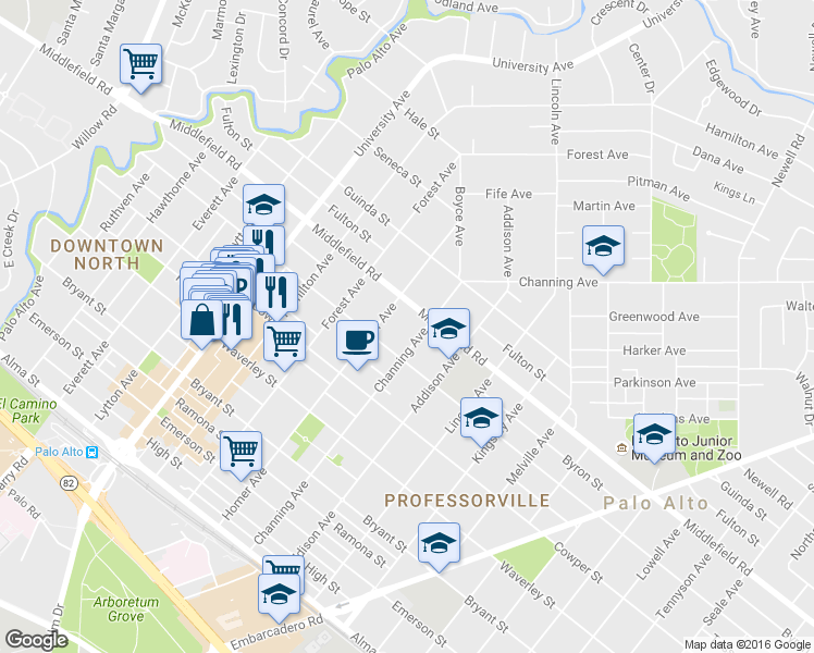 map of restaurants, bars, coffee shops, grocery stores, and more near in Palo Alto