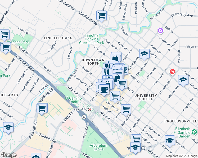 map of restaurants, bars, coffee shops, grocery stores, and more near 330 Everett Avenue in Palo Alto