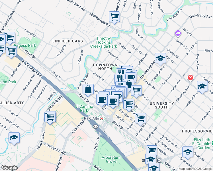map of restaurants, bars, coffee shops, grocery stores, and more near 281 Everett Avenue in Palo Alto