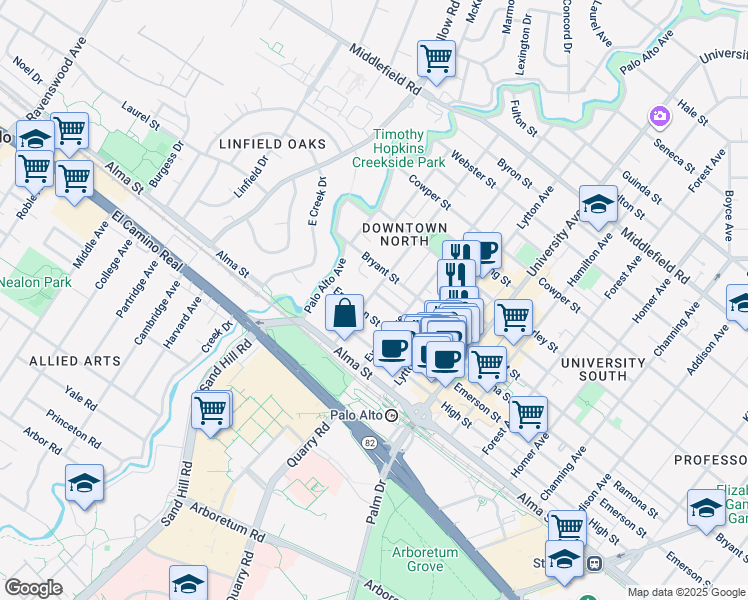map of restaurants, bars, coffee shops, grocery stores, and more near 246 Hawthorne Avenue in Palo Alto