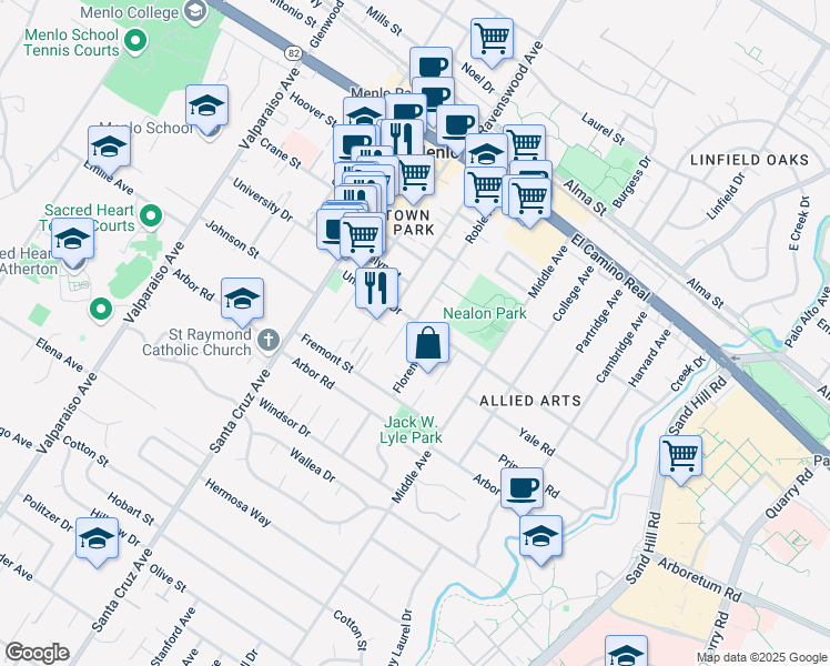 map of restaurants, bars, coffee shops, grocery stores, and more near 922A Roble Avenue in Menlo Park